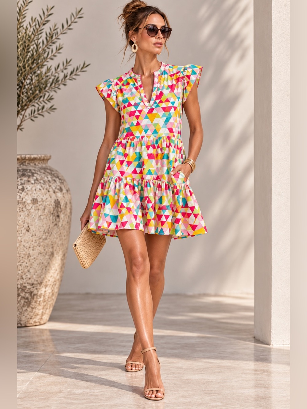 Saloni Women Size 2 Geometrical Print Tiered Mini Dress Cotton Colorful Pockets